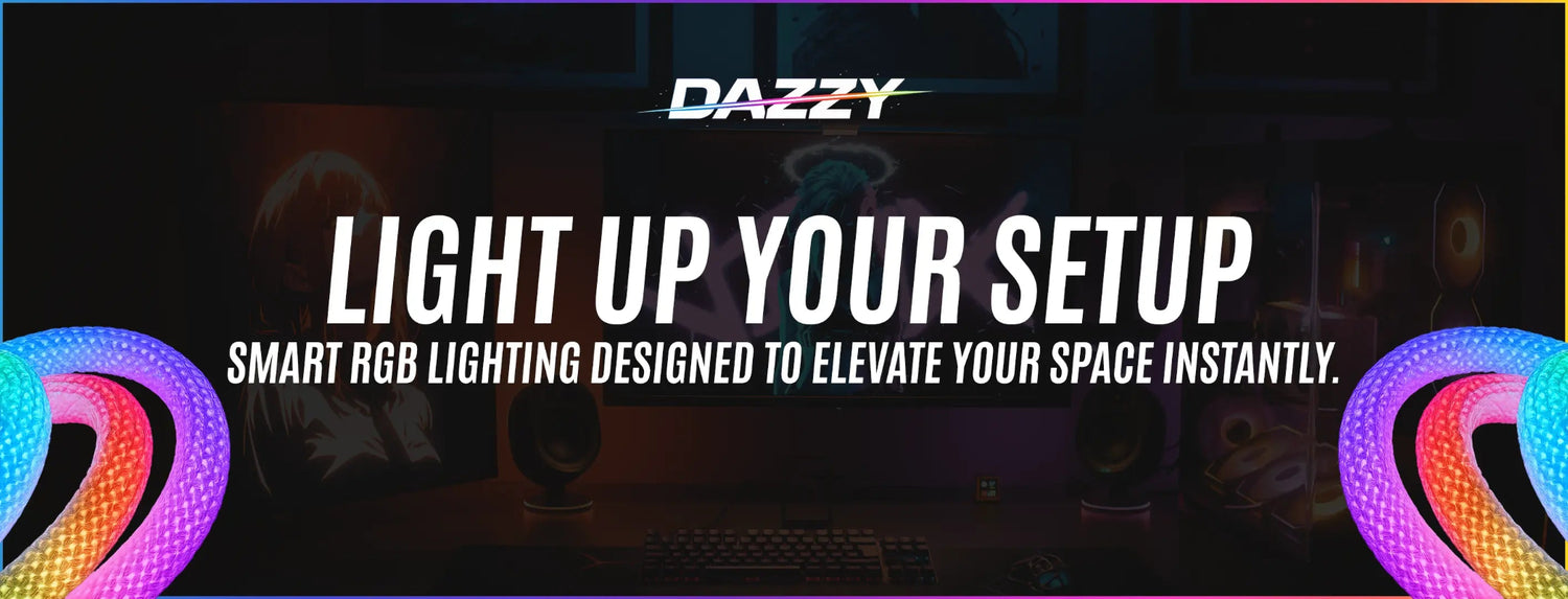 Promotional image for Dazzy smart RGB lighting with text 'Light up your setup' on a dark background.